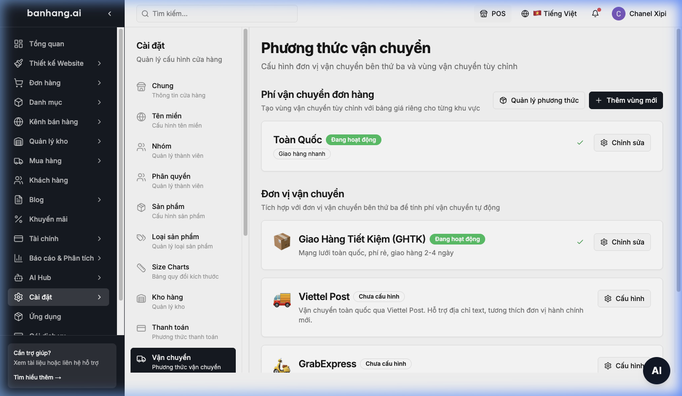 Cài đặt phương thức vận chuyển trên BanHang.AI
